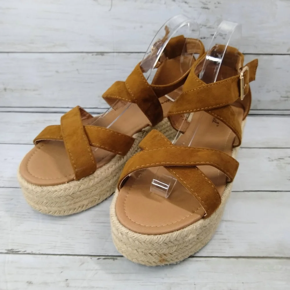 Bonnibel Wmns 10 Brown Suede Leather Platform Espadrille Ankle Strap Sandals